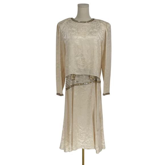 Vintage 1990s Silk Beaded Bridal Party Dress AJ BARI Jacquard DropWaist Ivory 14 - Picture 1 of 10